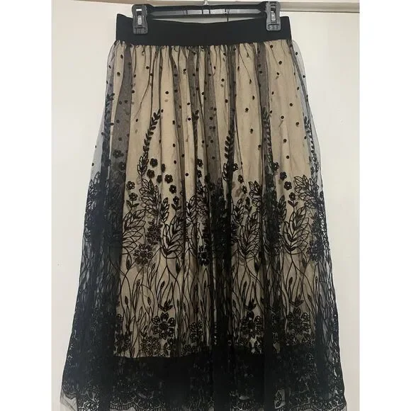 Metro Wear Skirt Black Mesh Floral Overlay Tan Lining Sz PS Elastic Waist 28 - Picture 11 of 14